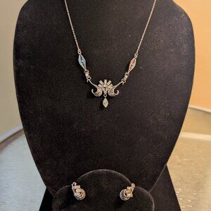 Women's Vintage Sterling Silver Rhinestone Filigree Necklace and Earrings